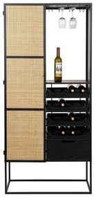 Hoge Wijnkast Zwart Met Rotan - 80x38x175cm.