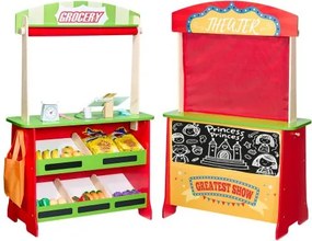VEVOR 2-in-1 houten poppentheater speelset met gordijnen, kruidenierswinkel, dubbelzijdig houten spel met schoolbord en kassa, marktkraam voor rollenspel voor kinderen vanaf 3 jaar