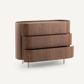 Notenhouten en met leer gefineerde ladekast met 3 laden, Aslen