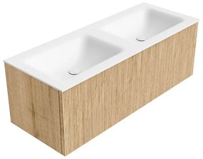 Mondiaz Kurve 120cm badmeubel oak met 1 lade en wastafel cloud dubbel 2 kraangaten