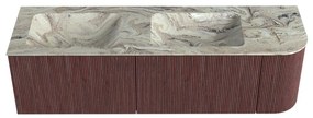 Mondiaz Kurve-dlux 155cm badmeubel ronding rechts ruby met 2 lades en 1 deur en wastafel leaf dubbel/links zonder kraangat glace