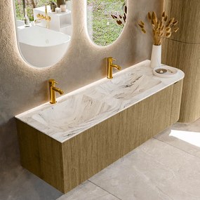 Mondiaz Kurve-dlux 145cm badmeubel ronding rechts dusk met 1 lade en deur en wastafel leaf dubbel/links 2 kraangaten glace