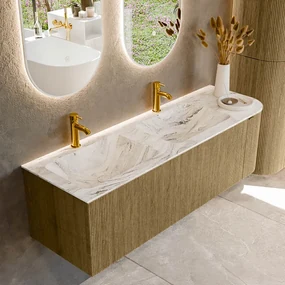 Mondiaz Kurve-dlux 145cm badmeubel ronding rechts dusk met 1 lade en deur en wastafel leaf dubbel/links 2 kraangaten glace