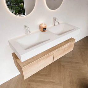 Zaro Alan badmeubel 130cm washed oak 2 lades met vrijhangende wastafel cloud dubbel 2 kraangaten talc