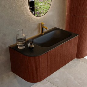 Mondiaz Kurve 95cm badmeubel ronding links ruby met 1 lade en deur en wastafel big small kraangat rechts urban