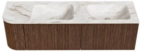 Mondiaz Kurve-dlux 155cm badmeubel ronding links walnut met 2 lades en 1 deur en wastafel leaf dubbel/rechts 2 kraangaten frappe