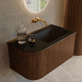 Mondiaz Kurve 85cm badmeubel ronding links walnut met 1 lade en deur en wastafel cloud rechts zonder kraangat urban