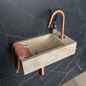 Saniclear White Travertin fonteinset met gebogen kraan in geborsteld koper