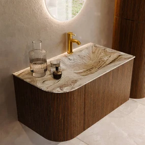 Mondiaz Kurve-dlux 85cm badmeubel ronding links dusk met 1 lade en deur en wastafel cloud kraangat rechts glace