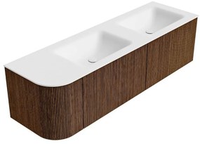 Mondiaz Kurve 155cm badmeubel ronding links walnut met 2 lades en 1 deur en wastafel cloud dubbel/rechts zonder kraangat