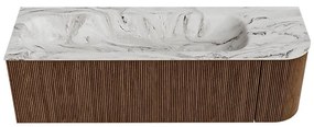 Mondiaz Kurve-dlux 145cm badmeubel ronding rechts walnut met 1 lade en deur en wastafel big large links zonder kraangat glace