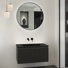 Fontana Lento zwart badmeubel ribbelfront 80cm met zwarte wastafel zonder kraangat en ronde spiegel