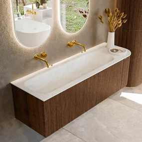 Mondiaz Kurve-dlux 145cm badmeubel ronding rechts walnut met 1 lade en deur en wastafel big large links zonder kraangat opalo