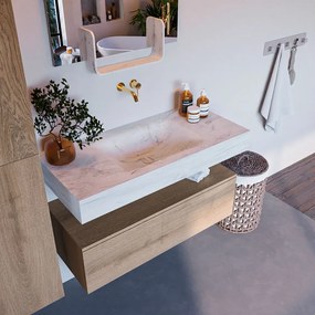 Mondiaz Alan DLux badmeubel 100cm washed oak 1 lade met wastafel opalo midden zonder kraangat