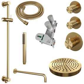 Brauer Stripe inbouw regendouche met 25cm hoofddouche, gebogen muurarm, staafhanddouche en glijstang set 8 messing geborsteld PVD