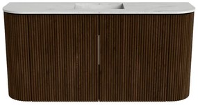 Mondiaz Joya DLux 85cm toiletmeubel ronding links/rechts walnut met wastafel faye midden zonder kraangat opalo