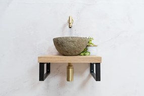 Saniclear Baru fonteinset met eiken plank, rivierstenen waskom en gouden kraan voor in het toilet