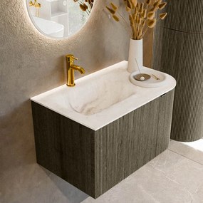 Mondiaz Kurve-dlux 75cm badmeubel ronding rechts shadow met 1 lade en deur en wastafel grunne kraangat links frappe