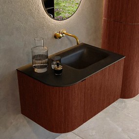Mondiaz Kurve 75cm badmeubel ronding links ruby met 1 lade en deur en wastafel grunne rechts zonder kraangat urban