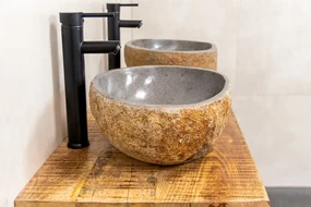 MD Interior Woodz mangohouten badkamermeubel 120cm met 2 rivierstenen waskommen