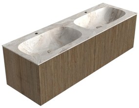 Mondiaz Kurve-dlux 140cm badmeubel dusk met 2 lades en wastafel stor small dubbel 2 kraangaten frappe