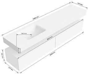 Zaro Alan badmeubel 200cm sand met 2 lades en vrijhangende wastafel links zonder kraangat wit mat