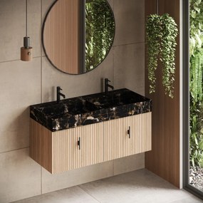 Muebles Zahora badmeubel ribbelfront 120cm naturel eiken met Portoro Gold wastafel met kraangaten