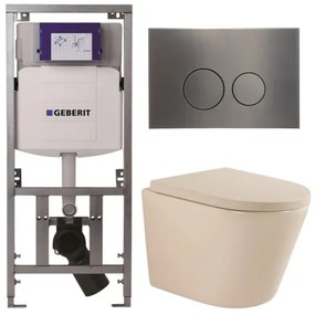 QeramiQ Dely Toiletset - 36.3x51.7cm - diepspoel - rimless - Geberit UP320 inbouwreservoir - softclose toilet zitting 35 mm - gunmetal bedieningsplaat - ronde knoppen - mat beige SW1000764/SW1000771/0701131/SW706198