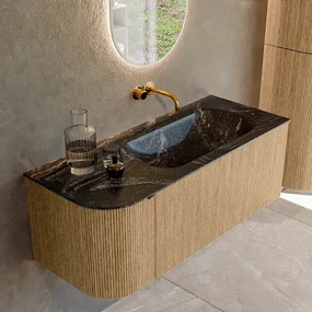 Mondiaz Kurve-dlux 115cm badmeubel ronding links oak met 1 lade en deur en wastafel big small rechts zonder kraangat lava