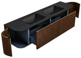 Mondiaz Kurve 180cm badmeubel ronding links/rechts walnut met 2 lades en deuren en wastafel cloud dubbel 2 kraangaten urban