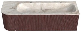 Mondiaz Kurve-dlux 145cm badmeubel ronding links ruby met 1 lade en deur en wastafel big large rechts 2 kraangaten frappe