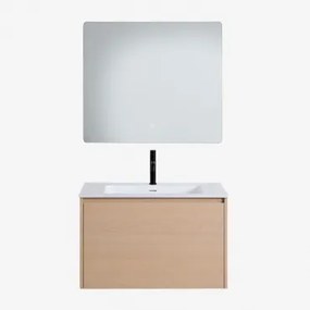 Jacob Zwevend Houten Badkamermeubelset Met Geïntegreerde Wastafel Natuurlijk Hout & Rechthoekige Led En Anticondens 80x70 Cm Riben & Mat - Sklum