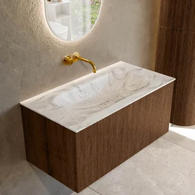 Mondiaz Kurve-dlux 90cm badmeubel walnut met 1 lade en wastafel big small midden zonder kraangat glace