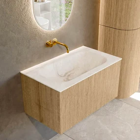 Mondiaz Kurve-dlux 80cm badmeubel oak met 1 lade en wastafel big small midden zonder kraangat frappe