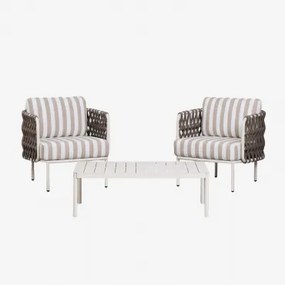 Tuinset Met 2 Stoelen Van Gevlochten Touw Tevary En Salontafel Van Aluminium Boleni Stoff Mokka Bruin - Wit Gardenia - Sklum