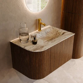 Mondiaz Kurve-dlux 75cm badmeubel ronding links dusk met 1 lade en deur en wastafel grunne kraangat rechts glace