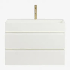 Ona Zwevend Badkamermeubelset Van Hout En Essenfineer Met Geïntegreerde Wastafel Wit & Spiegelloze & Geborsteld Goud ↑20 Cm Met Aftapkraan Zonder Over