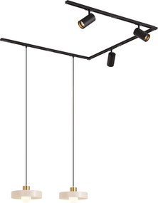 Modern railsysteem zwart met 2 hanglampen wit en 3 spots 1-fase - Iconic Jeana Luxe Jina