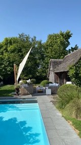 4-Seasons zweefparasol Hacienda 300 x 400 - Woodlook/Sand met voet en hoes