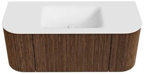 Mondiaz Kurve 110cm badmeubel ronding links/rechts walnut met 1 lade en 2 deuren en wastafel cloud midden zonder kraangat