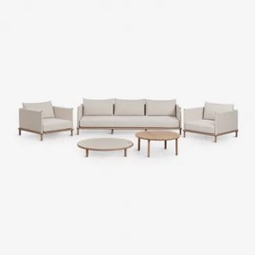 Tuinset Met 3-zitsbank, 2 Fauteuils En 2 Ronde Salontafels Van Acaciahout Olivia Lichte Acaciekleur & Wit Gardenia - Lichtbruin Acacia - Sklum