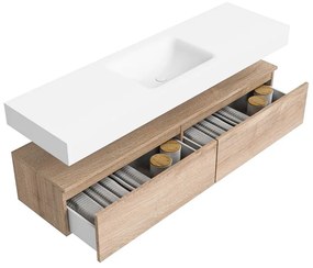 Zaro Alan badmeubel 160cm washed oak 2 lades met vrijhangende wastafel cloud midden zonder kraangat talc