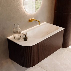 Mondiaz Kurve-dlux 95cm badmeubel ronding links ruby met 1 lade en deur en wastafel big small rechts zonder kraangat ostra