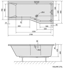 Polysan Versys asymmetrisch bad rechts 170x84x47cm wit