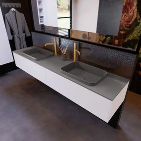 Mondiaz Erin 200cm badmeubel Carrara met 2 lades en donkergrijze wastafel dubbel 2 kraangaten