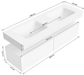 Zaro Alan badmeubel 150cm sand met 2 lades en vrijhangende wastafel dubbel met 2 kraangaten wit mat