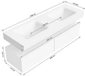 Zaro Alan badmeubel 150cm sand met 2 lades en vrijhangende wastafel dubbel met 2 kraangaten wit mat