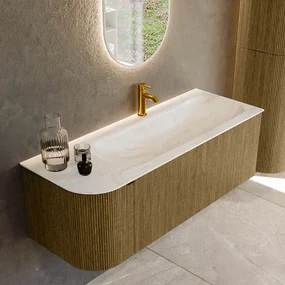 Mondiaz Kurve-dlux 125cm badmeubel ronding links dusk met 1 lade en deur en wastafel big medium kraangat rechts ostra