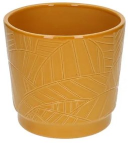 Bloempot, aardewerk, okergeel met palmbladmotief,Ø 14 cm