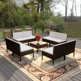 vidaXL 9-delige Loungeset met kussens poly rattan zwart